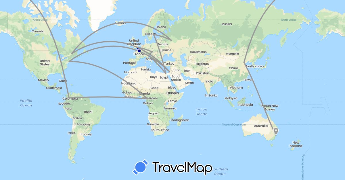 TravelMap itinerary: driving, plane in Austria, Australia, Canada, Cameroon, China, Colombia, Egypt, France, United Kingdom, Israel, Italy, Russia, Sweden, United States (Africa, Asia, Europe, North America, Oceania, South America)